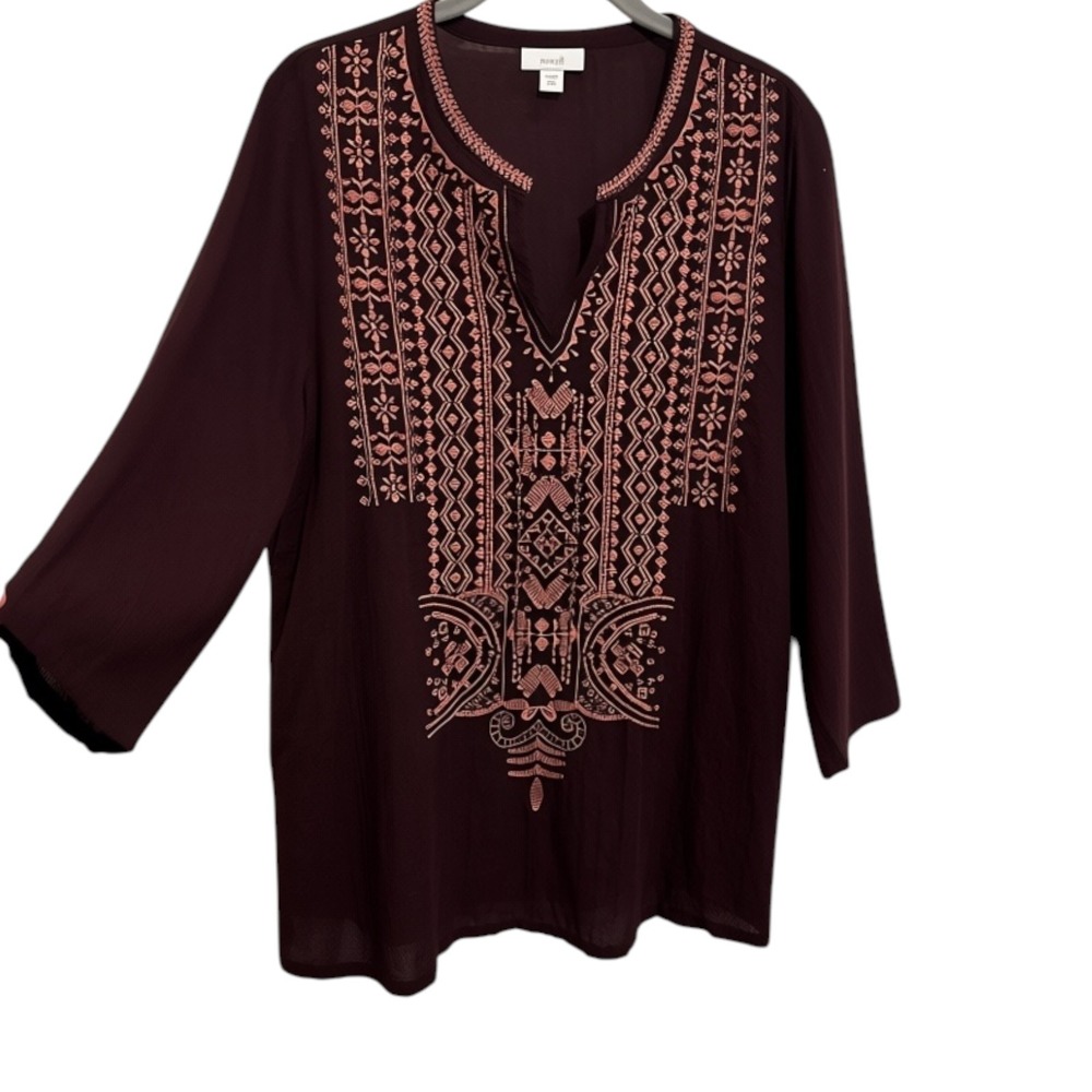 Pure Jill Tunic Top Womens Medium Petite Burgundy Boho Embroidered Peasant Shirt - Picture 2 of 12